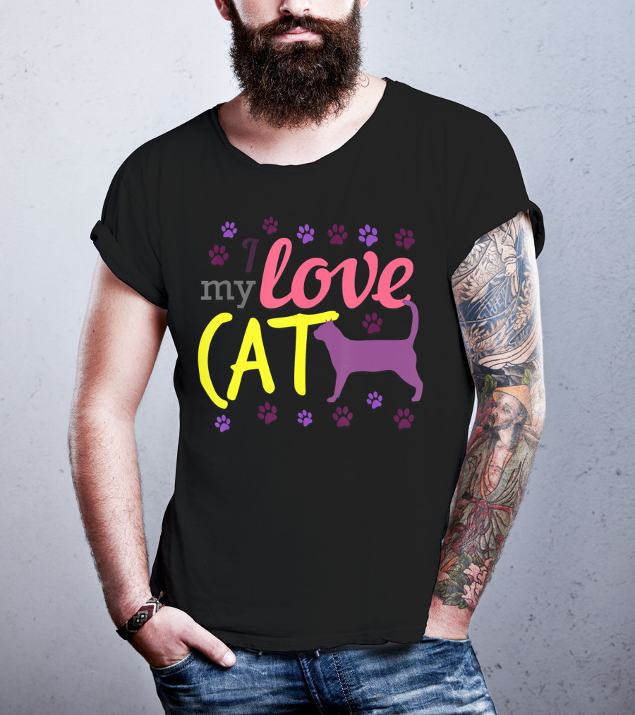I Love My Cat Feline Owner Cute Pet Purple Paw Prints T-Shirt