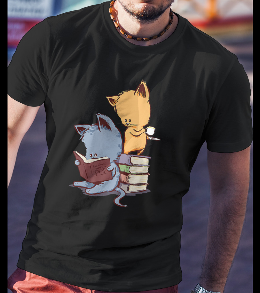 Kittens Reading Edgar Allan Poe With Tea And Books T-Shirt