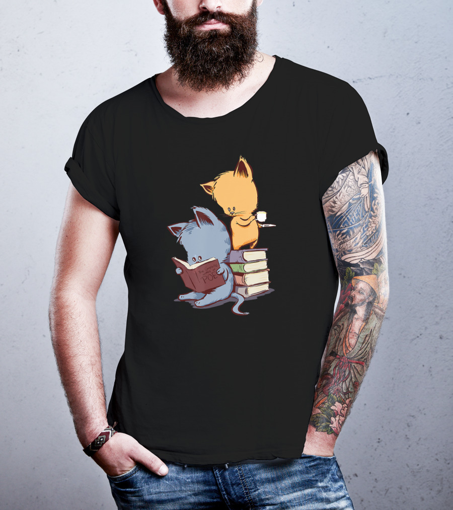Kittens Reading Edgar Allan Poe With Tea And Books T-Shirt