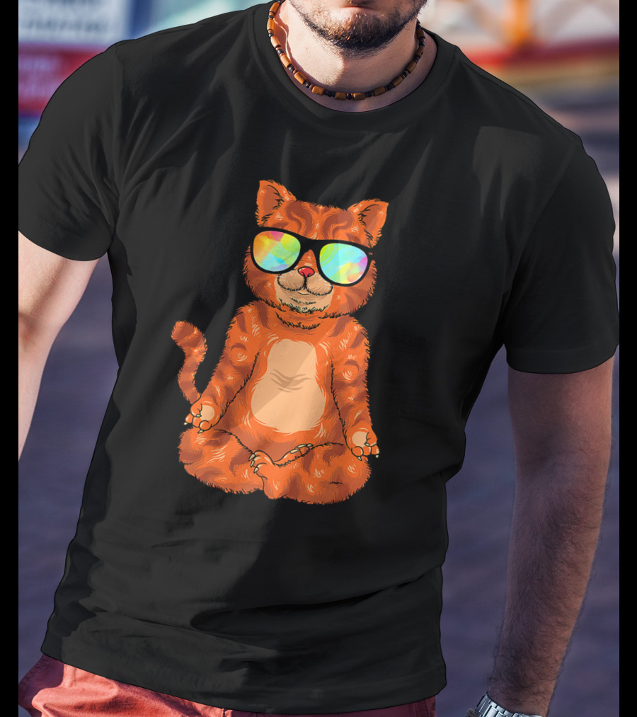 Meditating Cat In Colorful Sunglasses Yoga Pose Cute Drawing T-Shirt