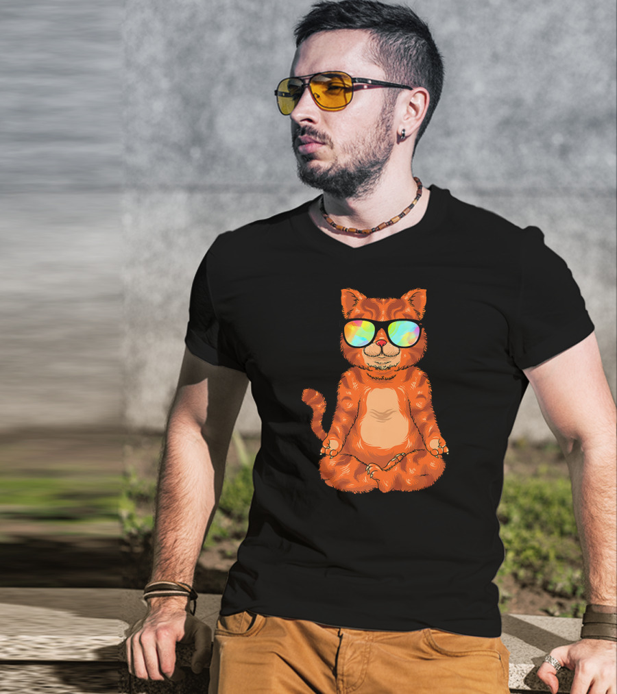 Meditating Cat In Colorful Sunglasses Yoga Pose Cute Drawing T-Shirt