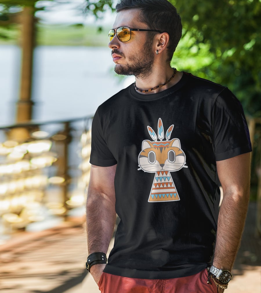 Native Cat American Boho Tribal Feathers T-Shirt