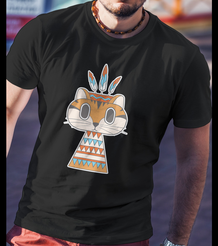 Native Cat American Boho Tribal Feathers T-Shirt