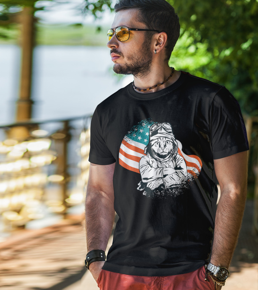 Patriotic Cat Aviator With American Flag For Cat Lovers T-Shirt