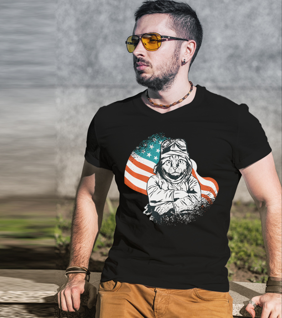 Patriotic Cat Aviator With American Flag For Cat Lovers T-Shirt