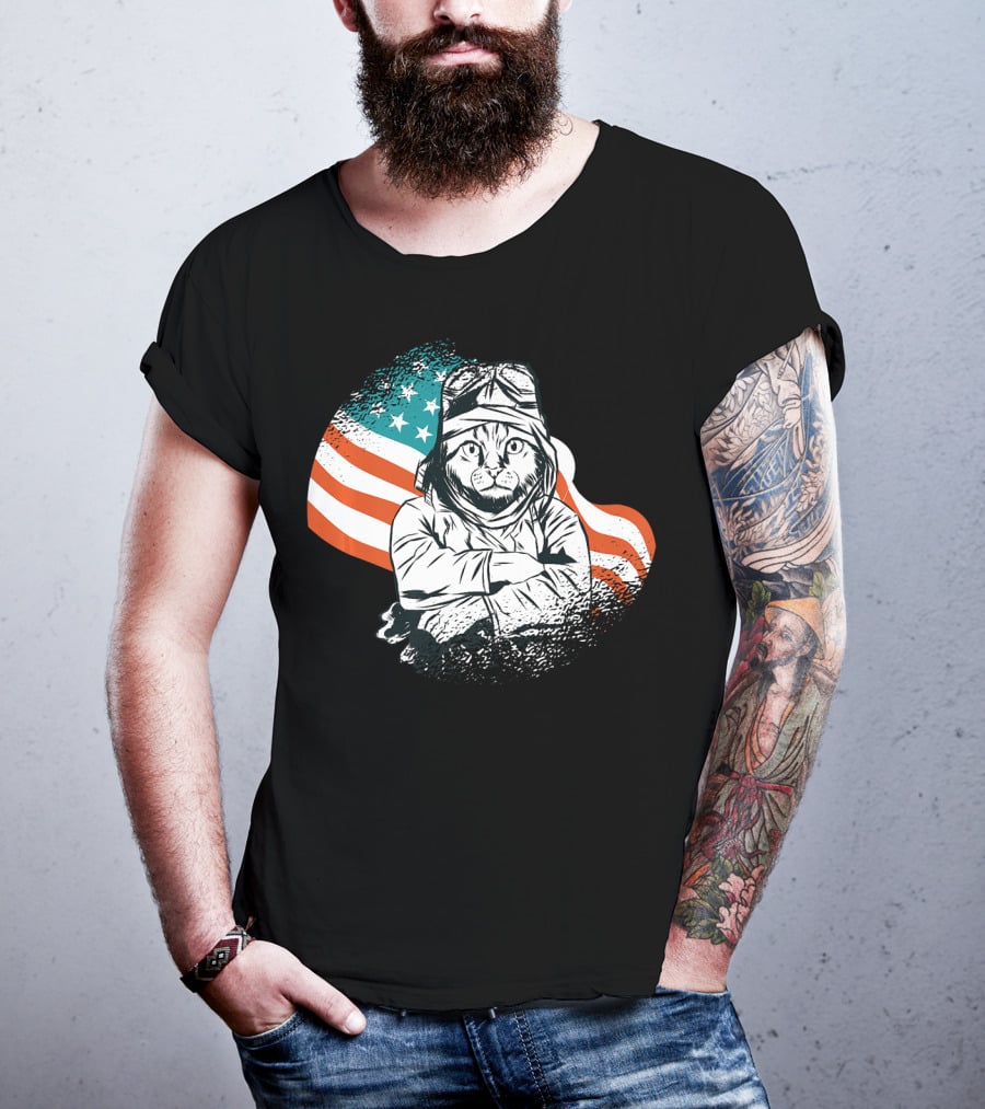 Patriotic Cat Aviator With American Flag For Cat Lovers T-Shirt