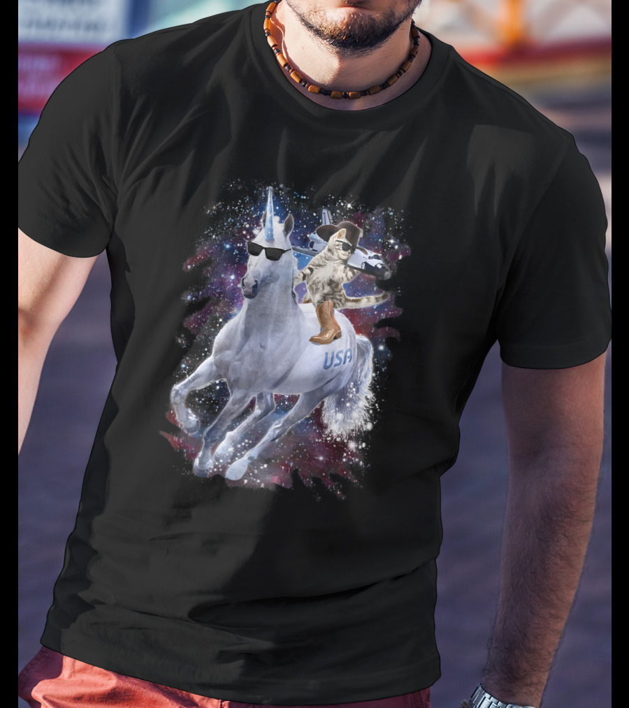 USA Space Cowboy Cat Riding Sunglasses Unicorn In Galaxy T-Shirt