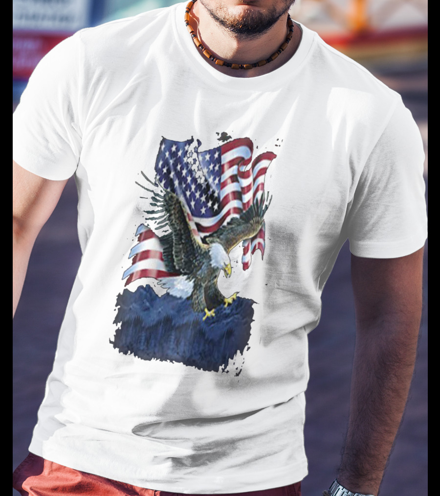 Bald Eagle Over Mountains With American Flag Background T-Shirt