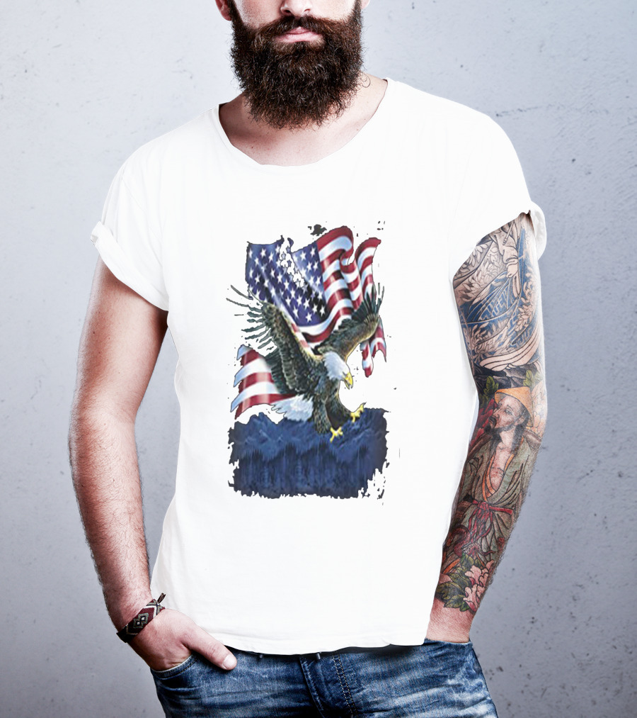 Bald Eagle Over Mountains With American Flag Background T-Shirt