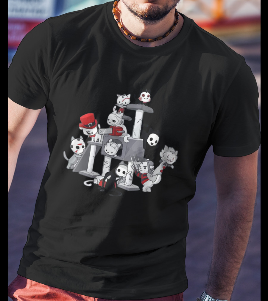 Cat Horror Movie Characters On Scratching Post With Masks And Costumes T-Shirt