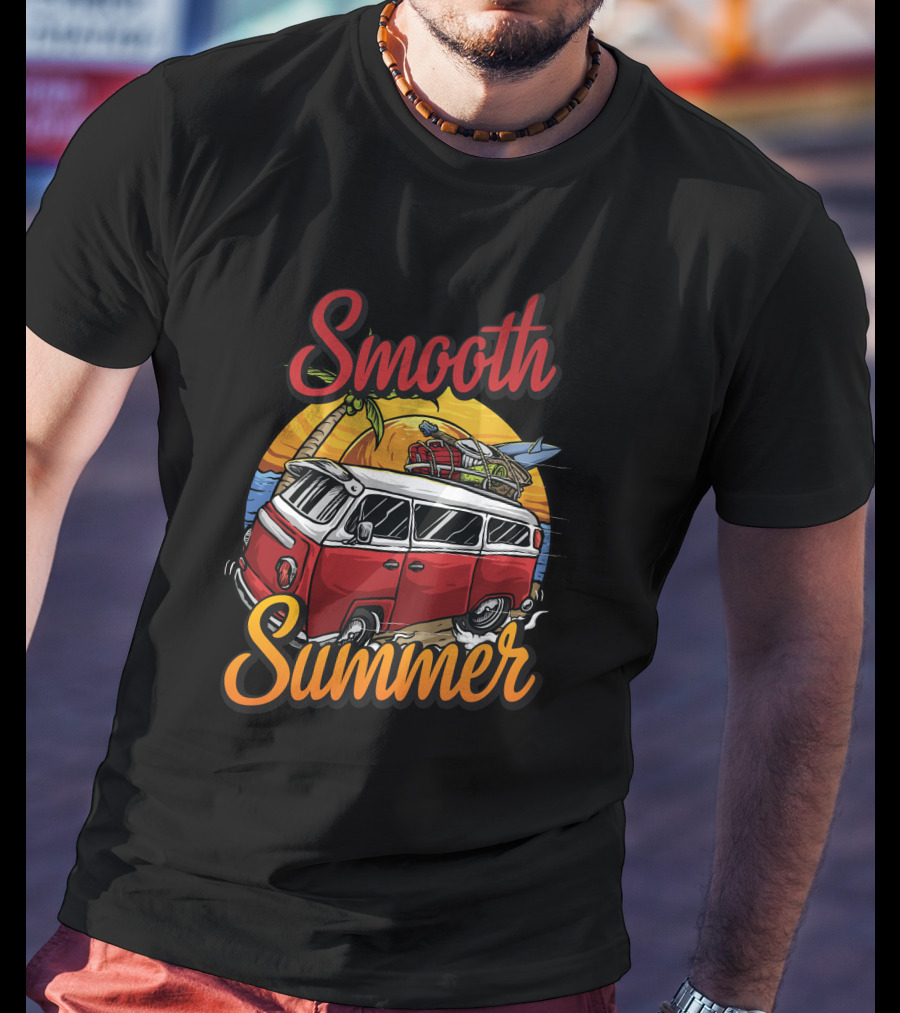 Smooth Summer Vintage Surf Van Adventure With Palm Trees And Sunset T-Shirt