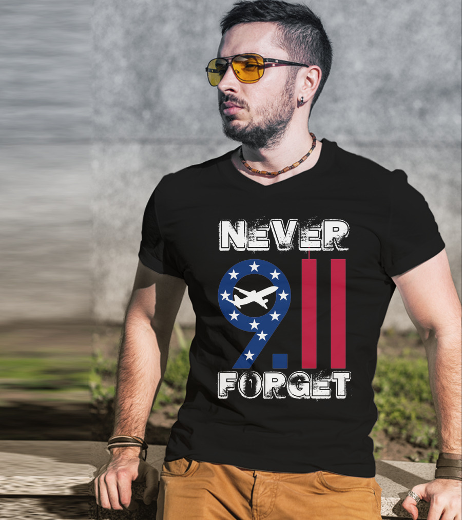 911 Never Forget 9.11 Memorial Remembrance With Stars And Airplane T-Shirt