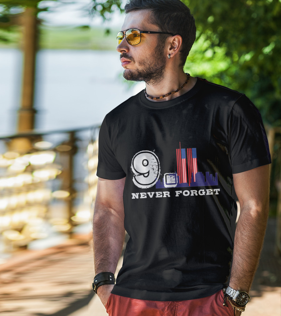 9 Never Forget Twin Towers Skyline American Flag T-Shirt