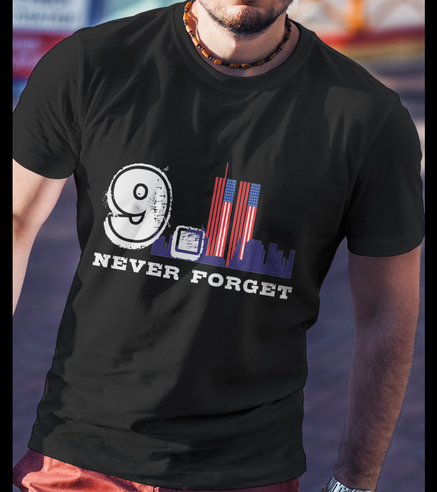 9 Never Forget Twin Towers Skyline American Flag T-Shirt