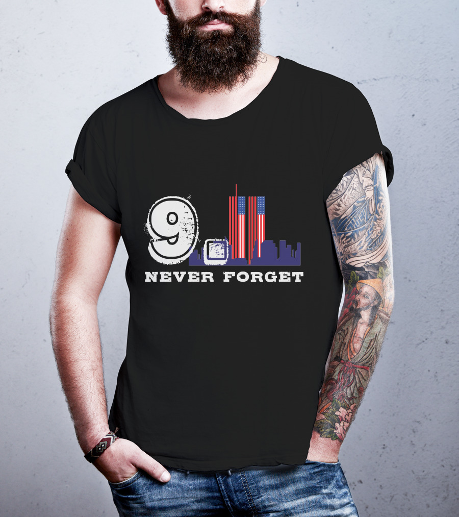 9 Never Forget Twin Towers Skyline American Flag T-Shirt
