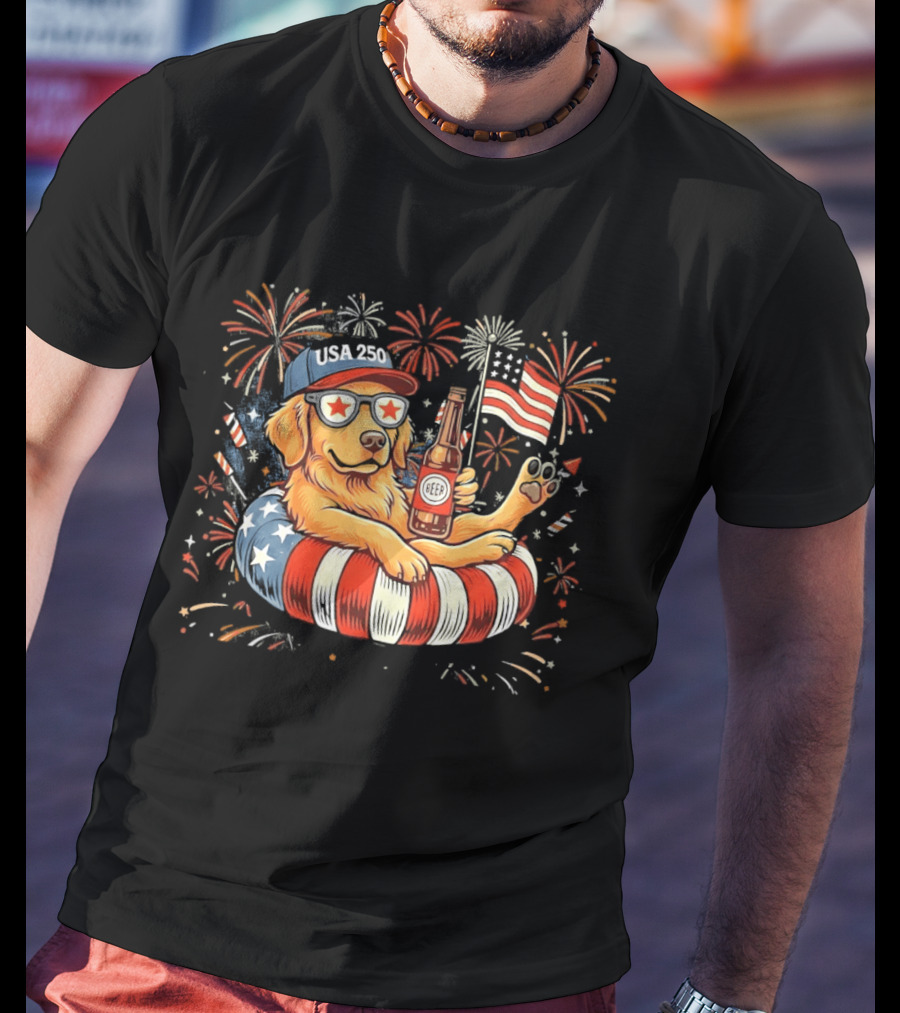 Golden Retriever Beer USA 250 Fireworks American Flag 4th Of July T-Shirt