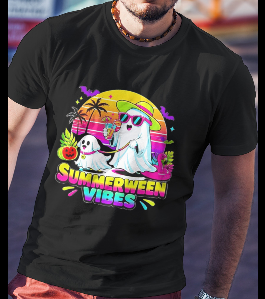 Summerween Vibes Ghost Walking Dog Retro Sunset Tropical Beach Party T-Shirt