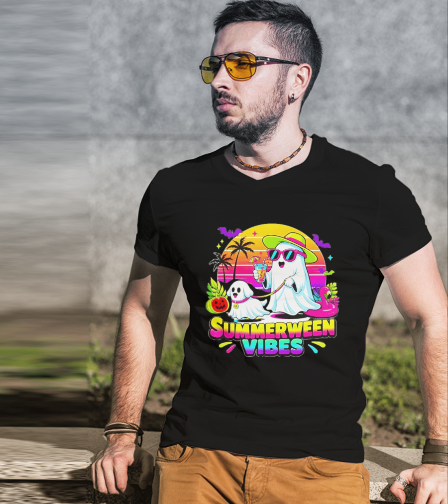 Summerween Vibes Ghost Walking Dog Retro Sunset Tropical Beach Party T-Shirt