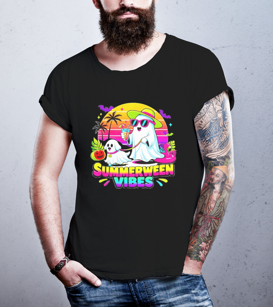 Summerween Vibes Ghost Walking Dog Retro Sunset Tropical Beach Party T-Shirt