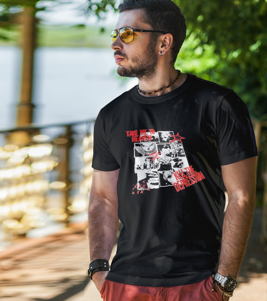 Take Me To Heaven Kill The Depression Kurt Cobain Nirvana Punk Rock Concert Collage T-Shirt