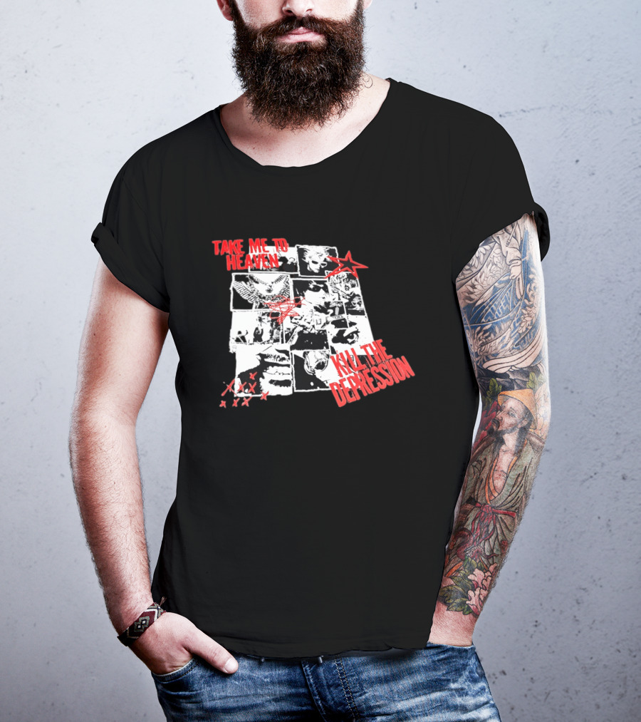 Take Me To Heaven Kill The Depression Kurt Cobain Nirvana Punk Rock Concert Collage T-Shirt