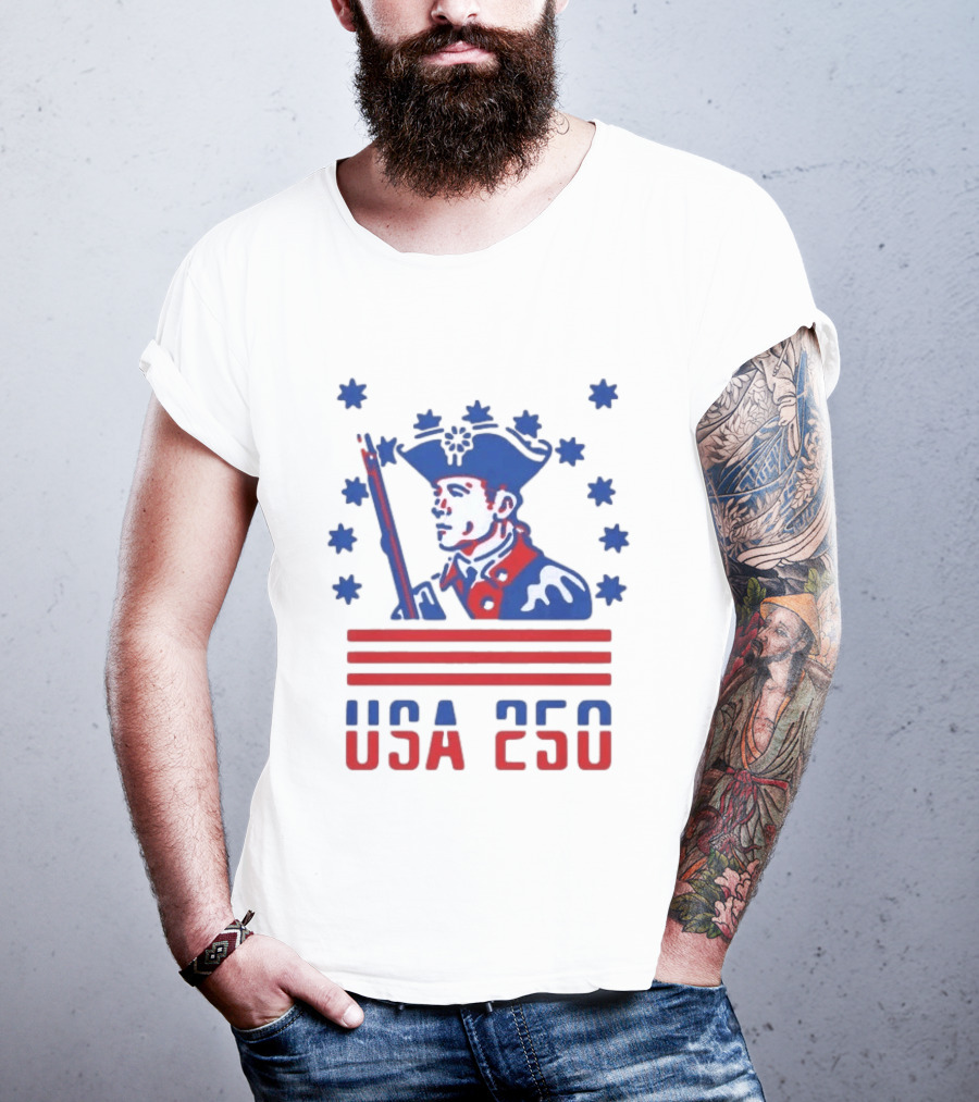 USA 250 Patriot America 250th Anniversary Revolutionary Soldier Stars Stripes T-Shirt
