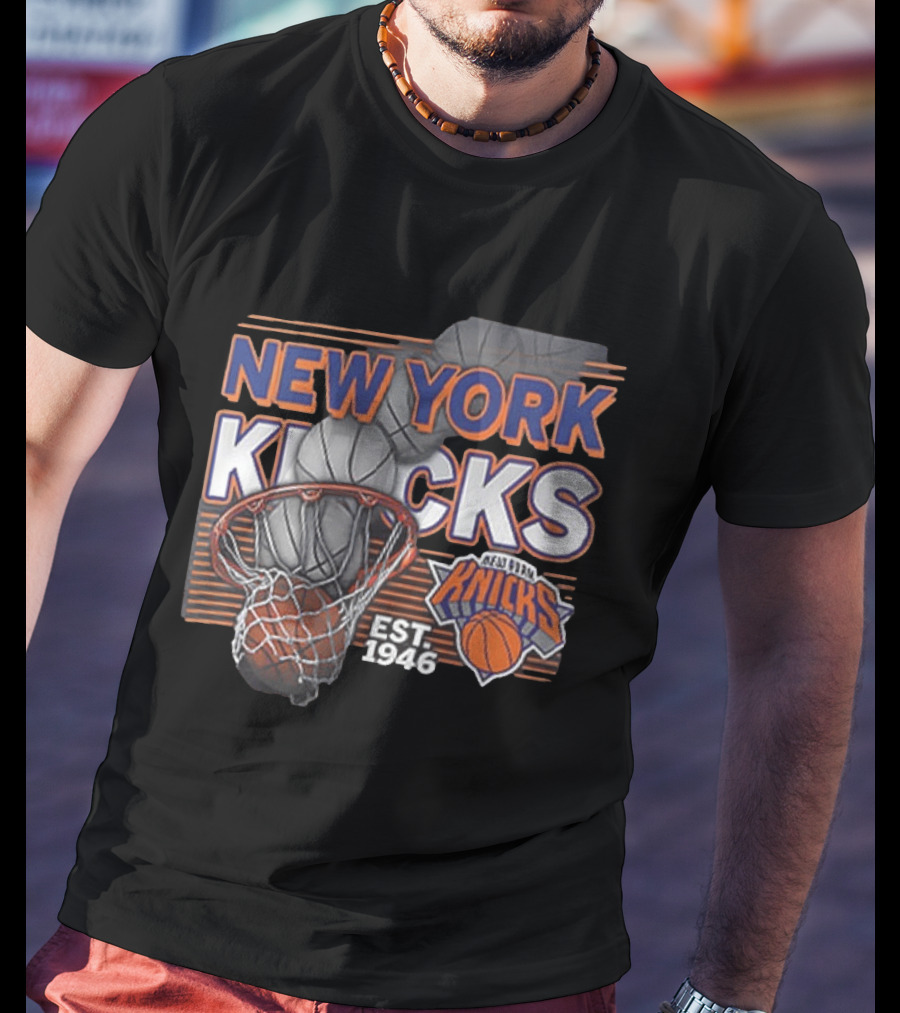 New York Knicks Basketball Hoop Net Est 1946 Team Logo 2 Sided T-Shirt