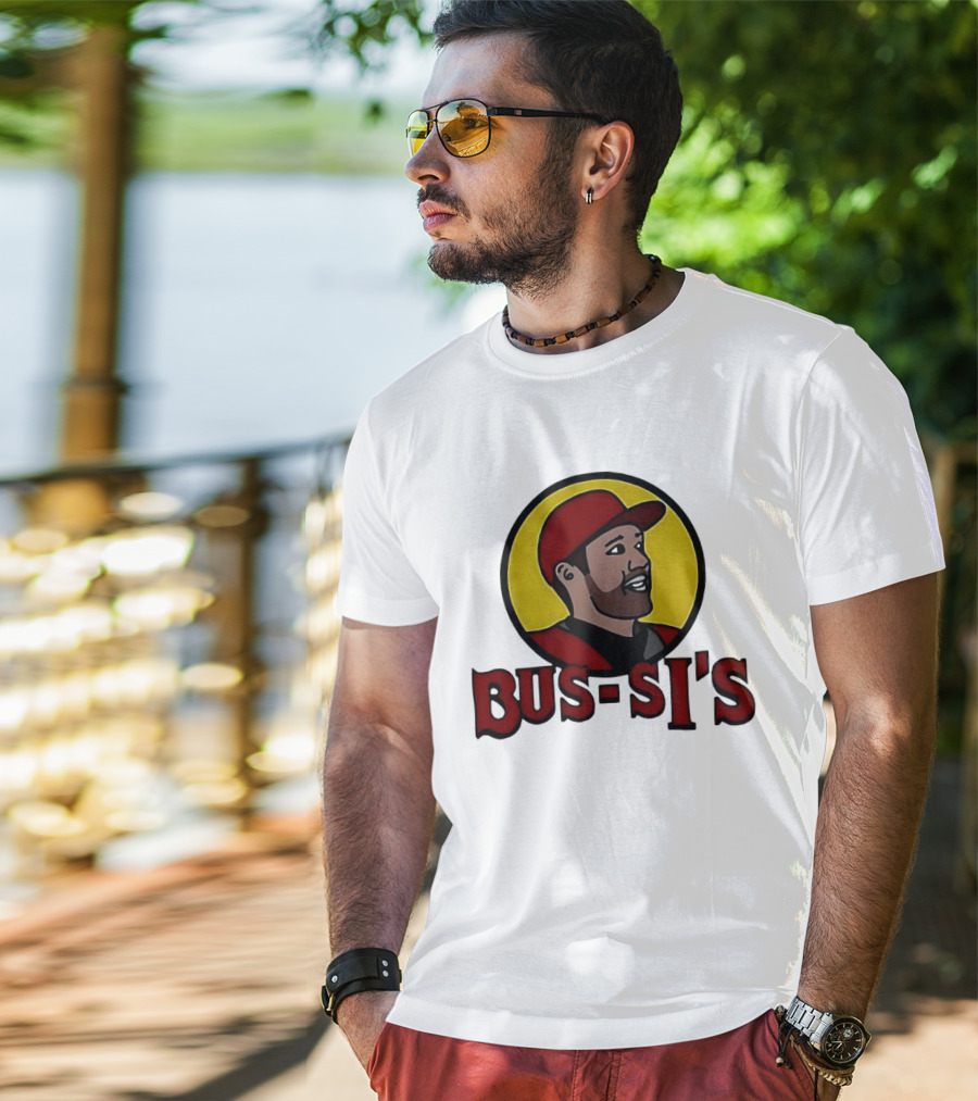 Bus Si's Baseball Player Cartoon Logo Design White T-Shirt