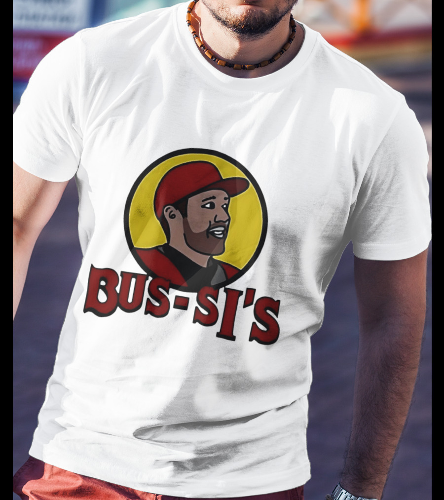 Bus Si's Baseball Player Cartoon Logo Design White T-Shirt