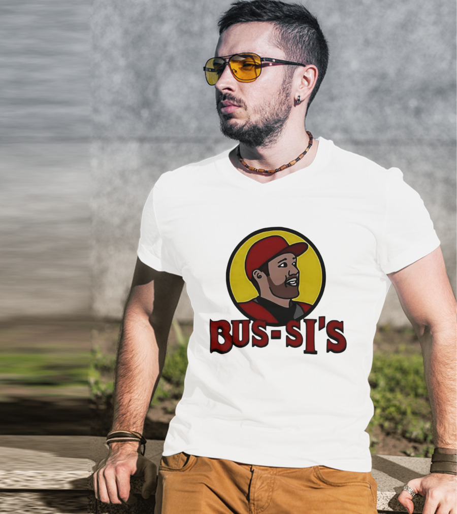 Bus Si's Baseball Player Cartoon Logo Design White T-Shirt