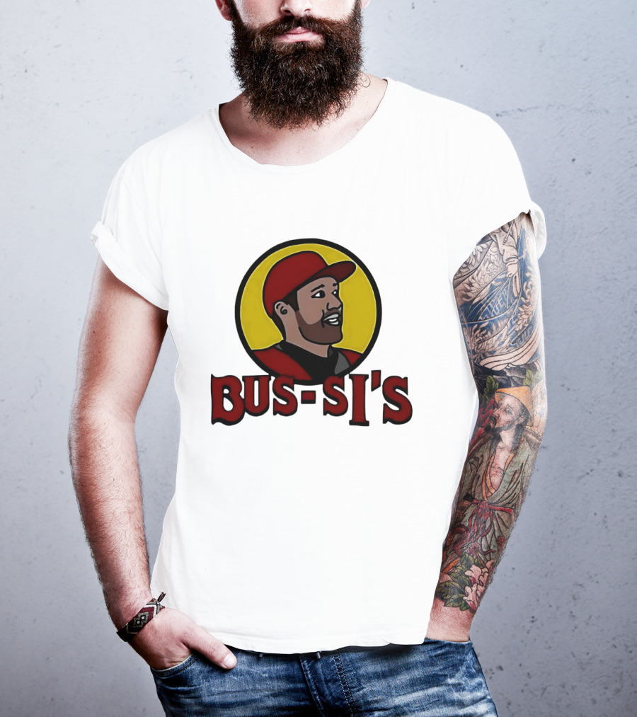 Bus Si's Baseball Player Cartoon Logo Design White T-Shirt