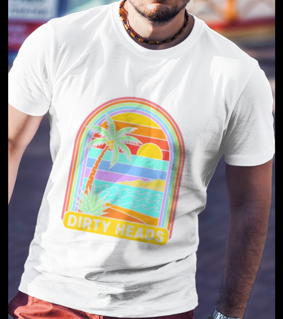 Dirty Heads Tropical Beach Palm Tree Rainbow Arch Sunset T-Shirt