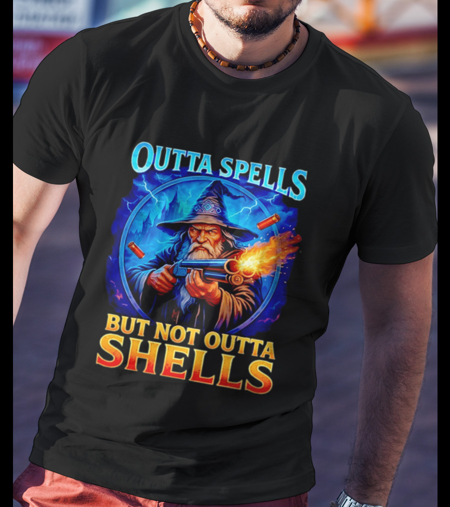 Outta Spells But Not Outta Shells Wizard With Gun Fantasy Humor T-Shirt