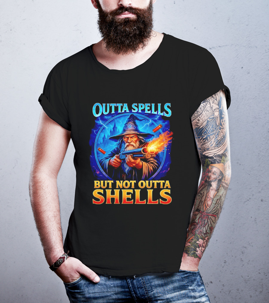Outta Spells But Not Outta Shells Wizard With Gun Fantasy Humor T-Shirt