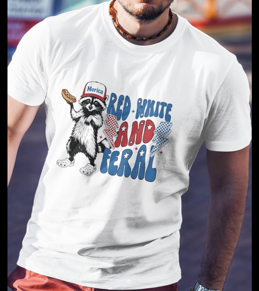 Red White And Feral Raccoon Hotdog Merica Cap Lightning Bolts Patriotic T-Shirt