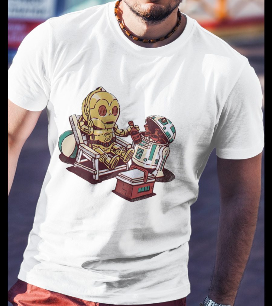 Stay Buddy Two Robots Relaxing Beach Chair Sci Fi Humor T-Shirt