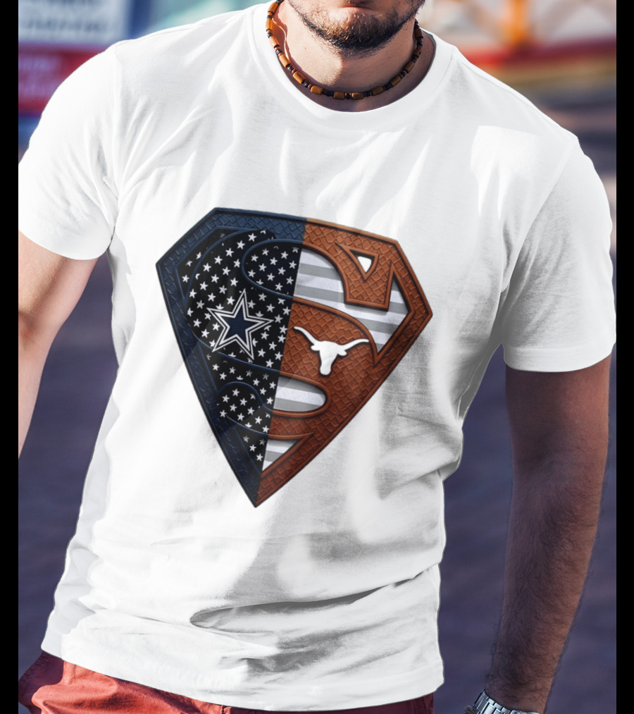 Dallas Cowboys Texas Longhorns Superman Shield Split Dual Icon Emblems T-Shirt