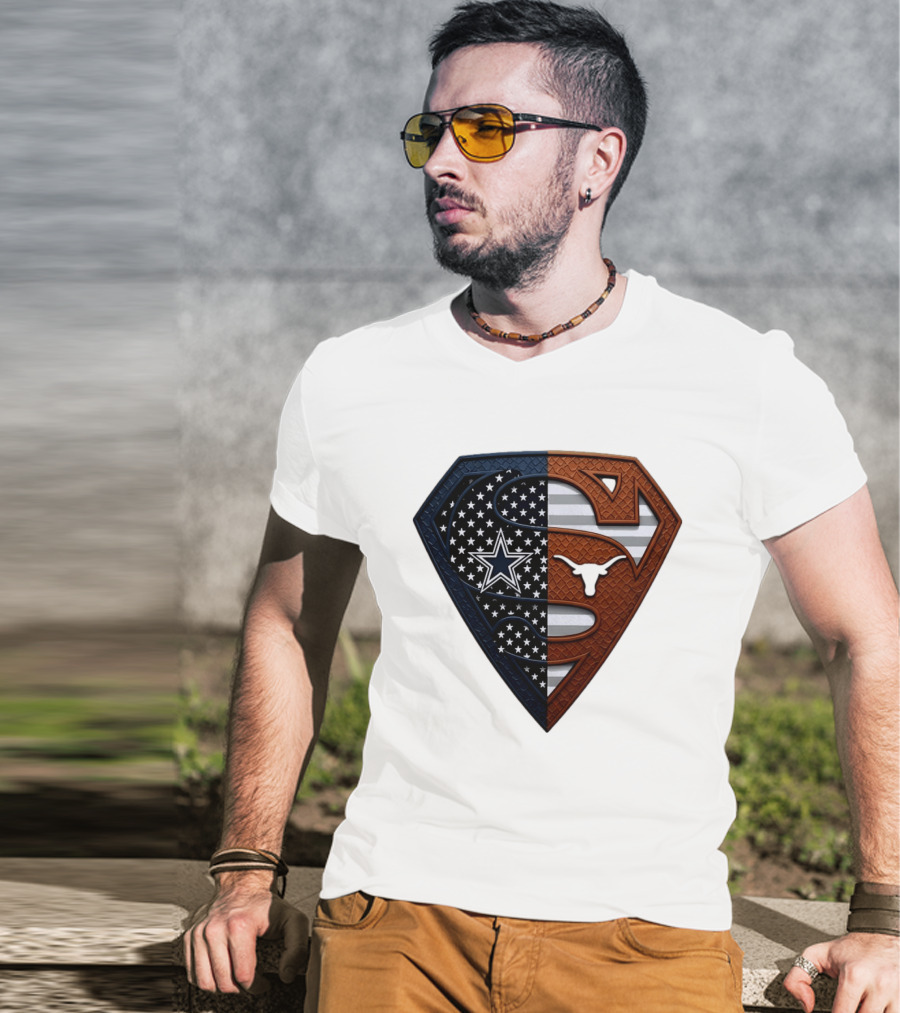 Dallas Cowboys Texas Longhorns Superman Shield Split Dual Icon Emblems T-Shirt