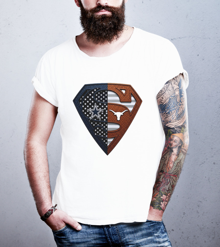 Dallas Cowboys Texas Longhorns Superman Shield Split Dual Icon Emblems T-Shirt