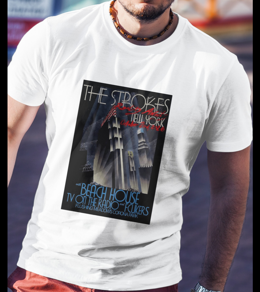 The Strokes New York Concert October 2026 Flushing Meadows Corona Park With Beach House TV On The Radio Fcukers Deco Cityscape T-Shirt