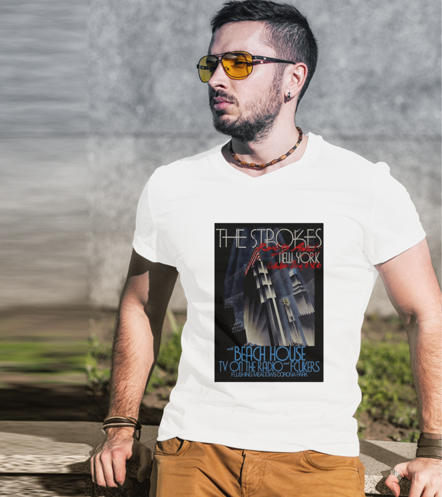 The Strokes New York Concert October 2026 Flushing Meadows Corona Park With Beach House TV On The Radio Fcukers Deco Cityscape T-Shirt