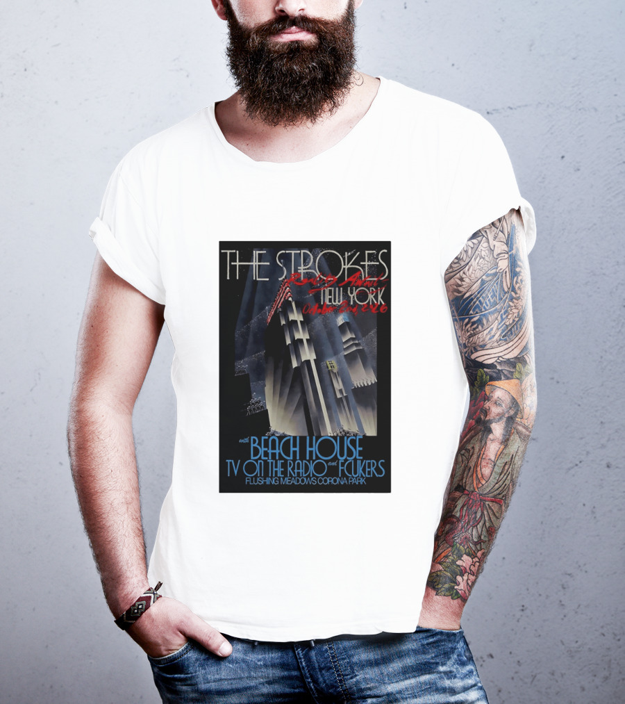The Strokes New York Concert October 2026 Flushing Meadows Corona Park With Beach House TV On The Radio Fcukers Deco Cityscape T-Shirt