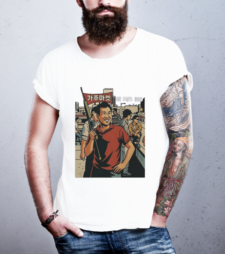 Korean American Street Scene Man With Rifle Urban T-Shirt