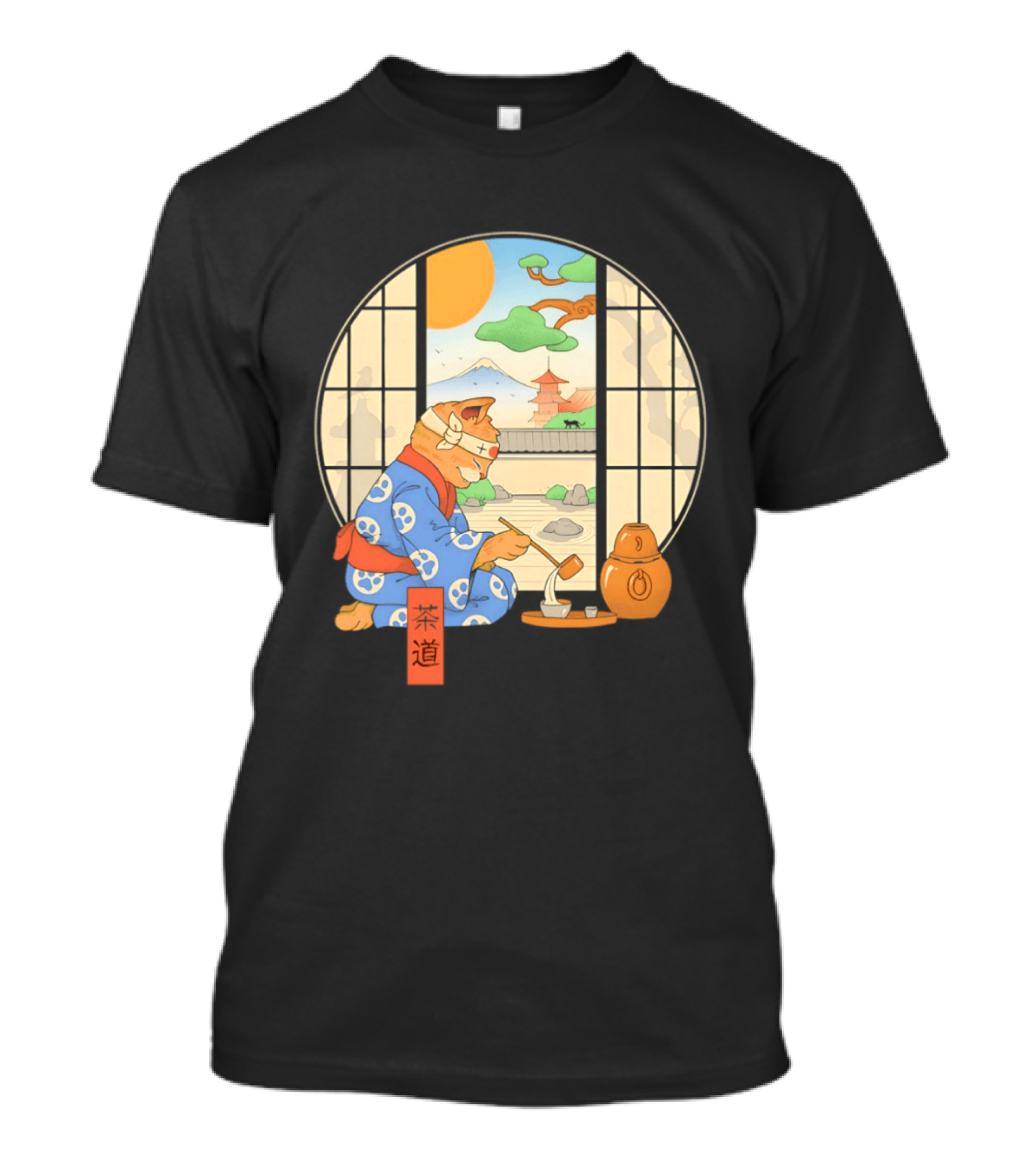 Ukiyo E Style Cat Tea Ceremony With Japanese Landscape T-Shirt