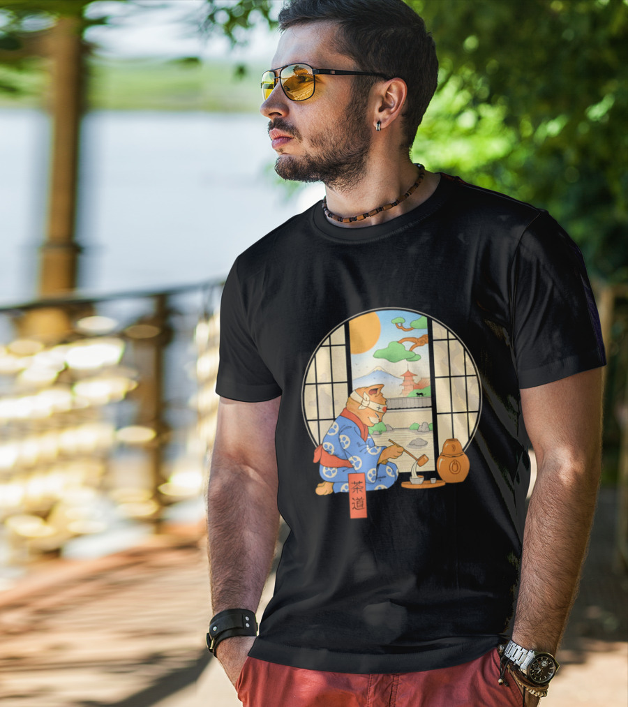 Ukiyo E Style Cat Tea Ceremony With Japanese Landscape T-Shirt