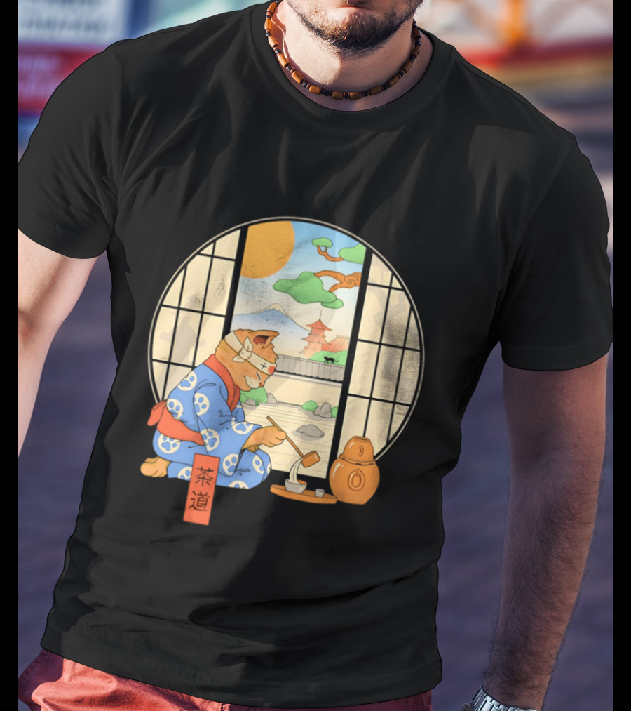Ukiyo E Style Cat Tea Ceremony With Japanese Landscape T-Shirt