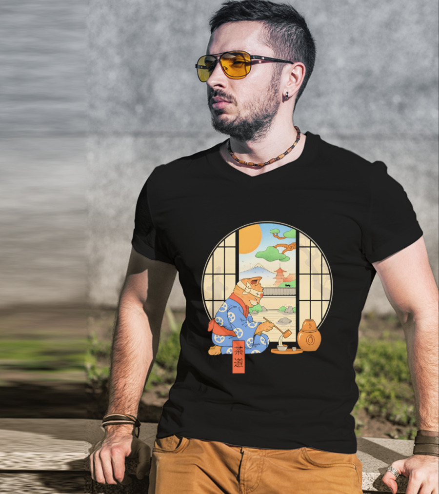 Ukiyo E Style Cat Tea Ceremony With Japanese Landscape T-Shirt