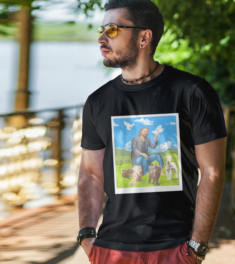 Keanu Reeves Surrounded By Animals In Peaceful Steppe Landscape T-Shirt