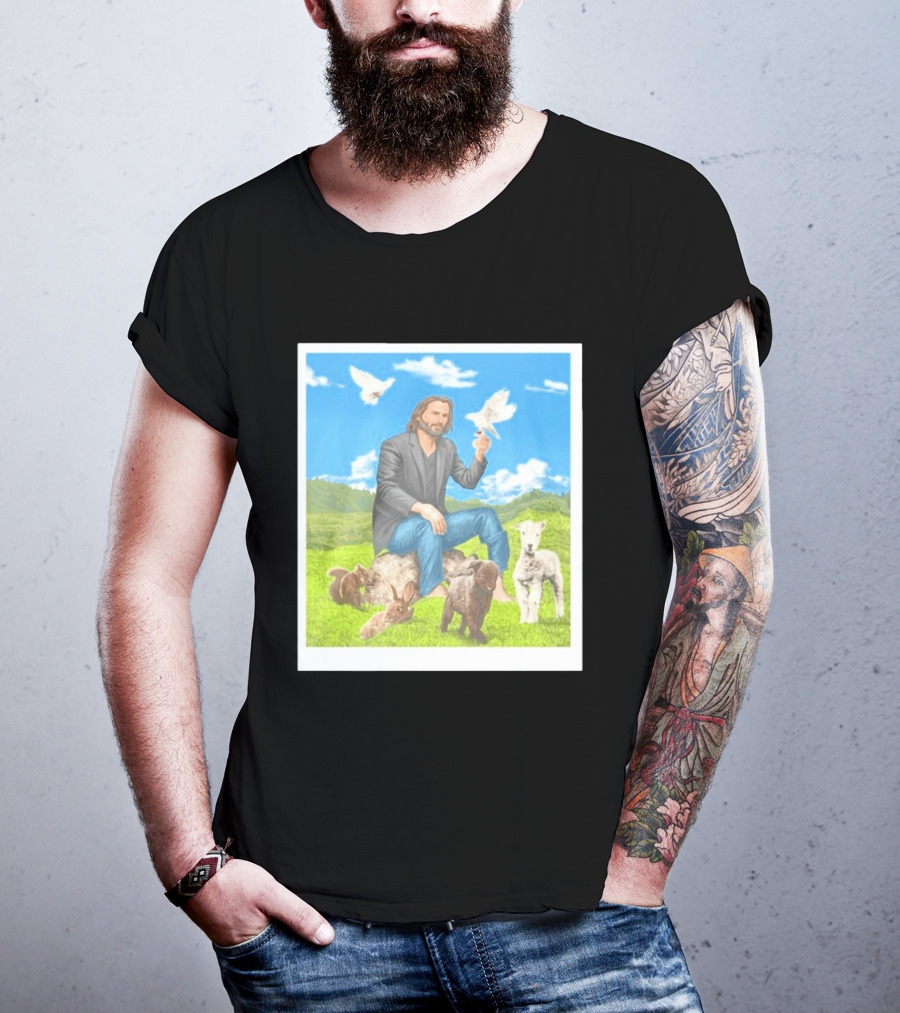 Keanu Reeves Surrounded By Animals In Peaceful Steppe Landscape T-Shirt