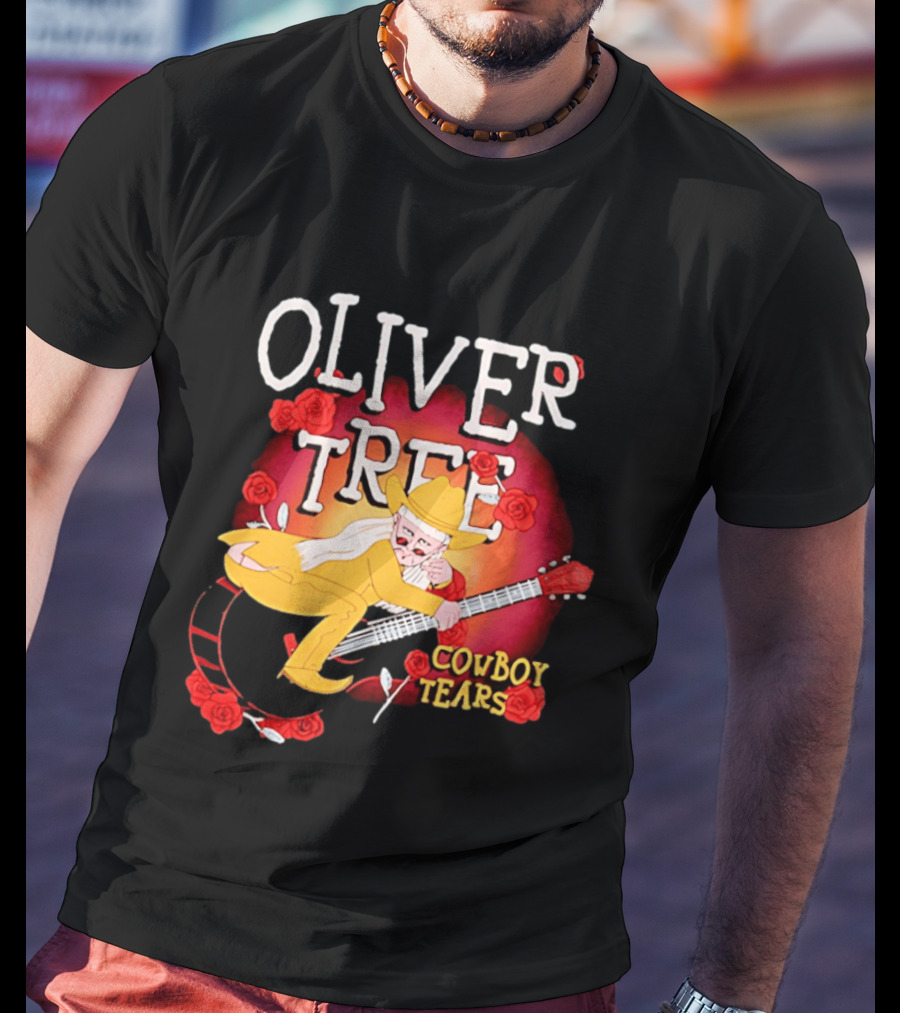 Oliver Tree Cowboy Tears Cartoon Character With Roses And Guitar T-Shirt
